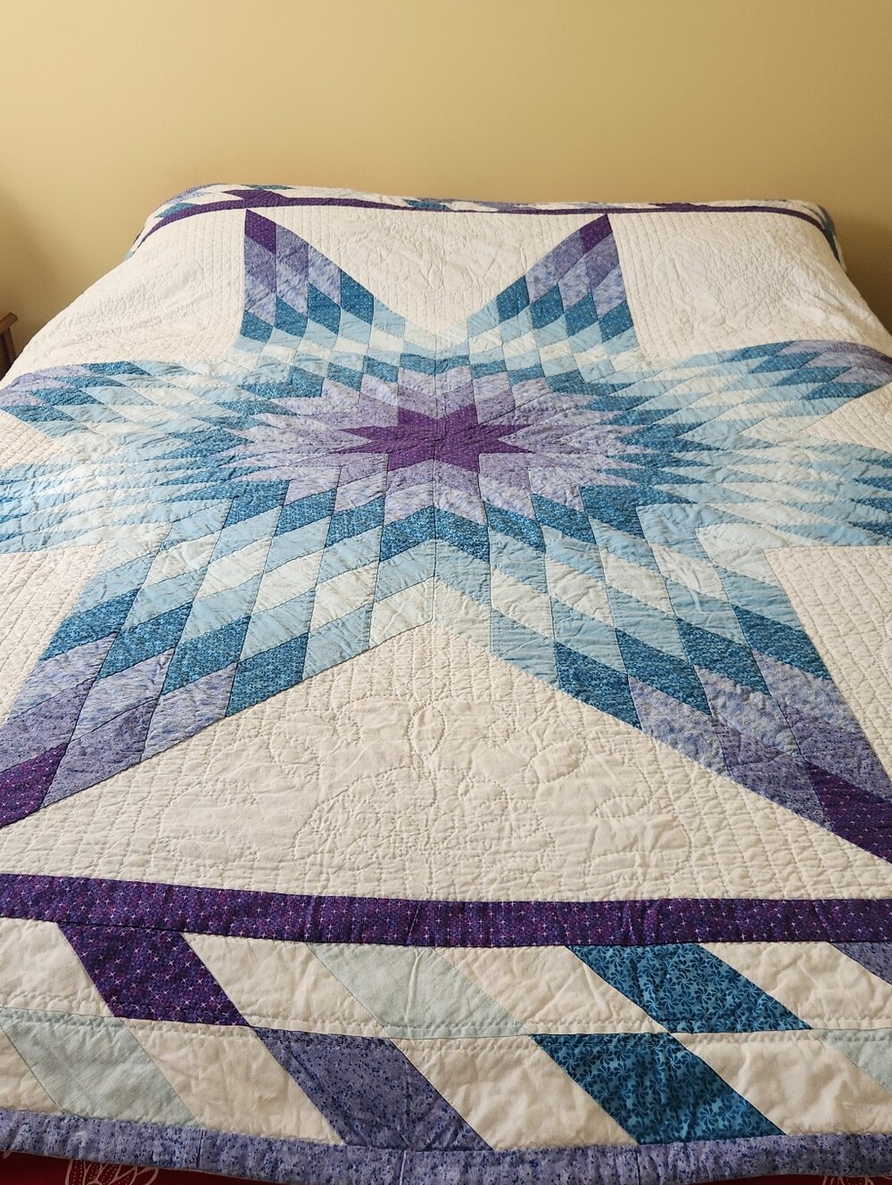 LONE STAR Handmade Patchwork Quilt Full Queen Teal Purple Hand Quilted 80x80 VTG